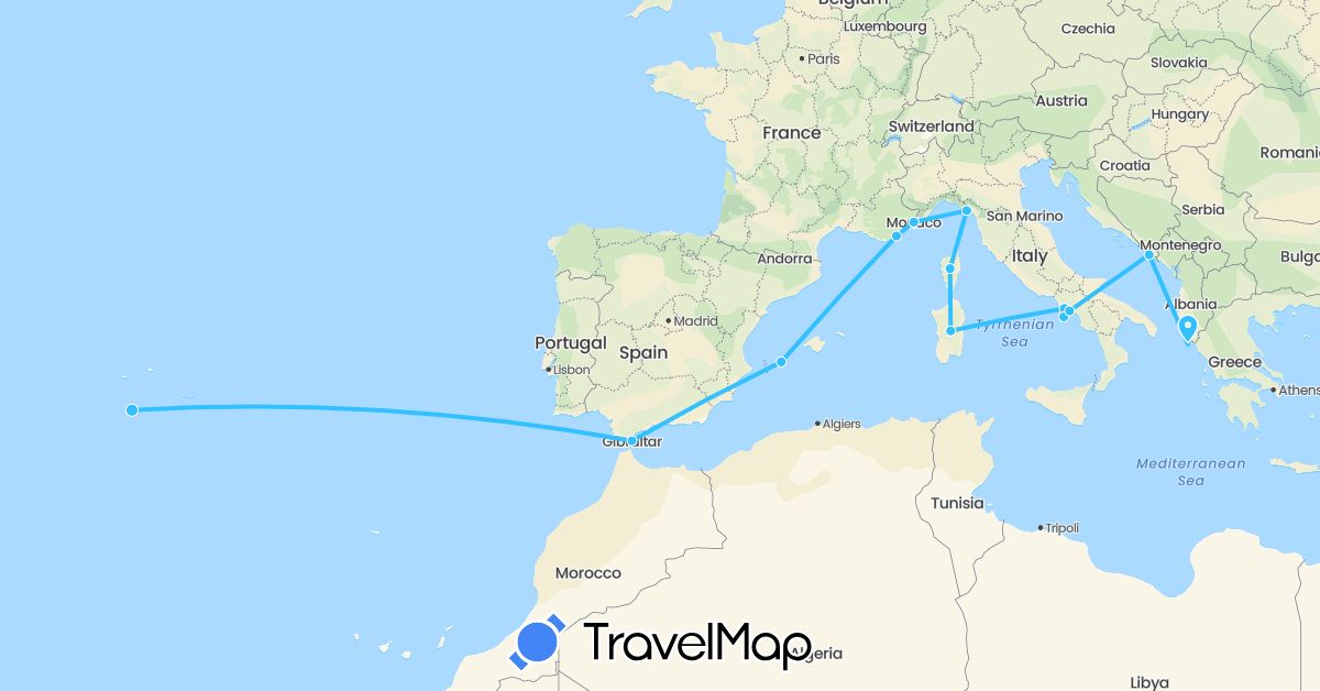 TravelMap itinerary: driving, boat in Spain, France, Gibraltar, Greece, Croatia, Italy, Monaco, Portugal (Europe)